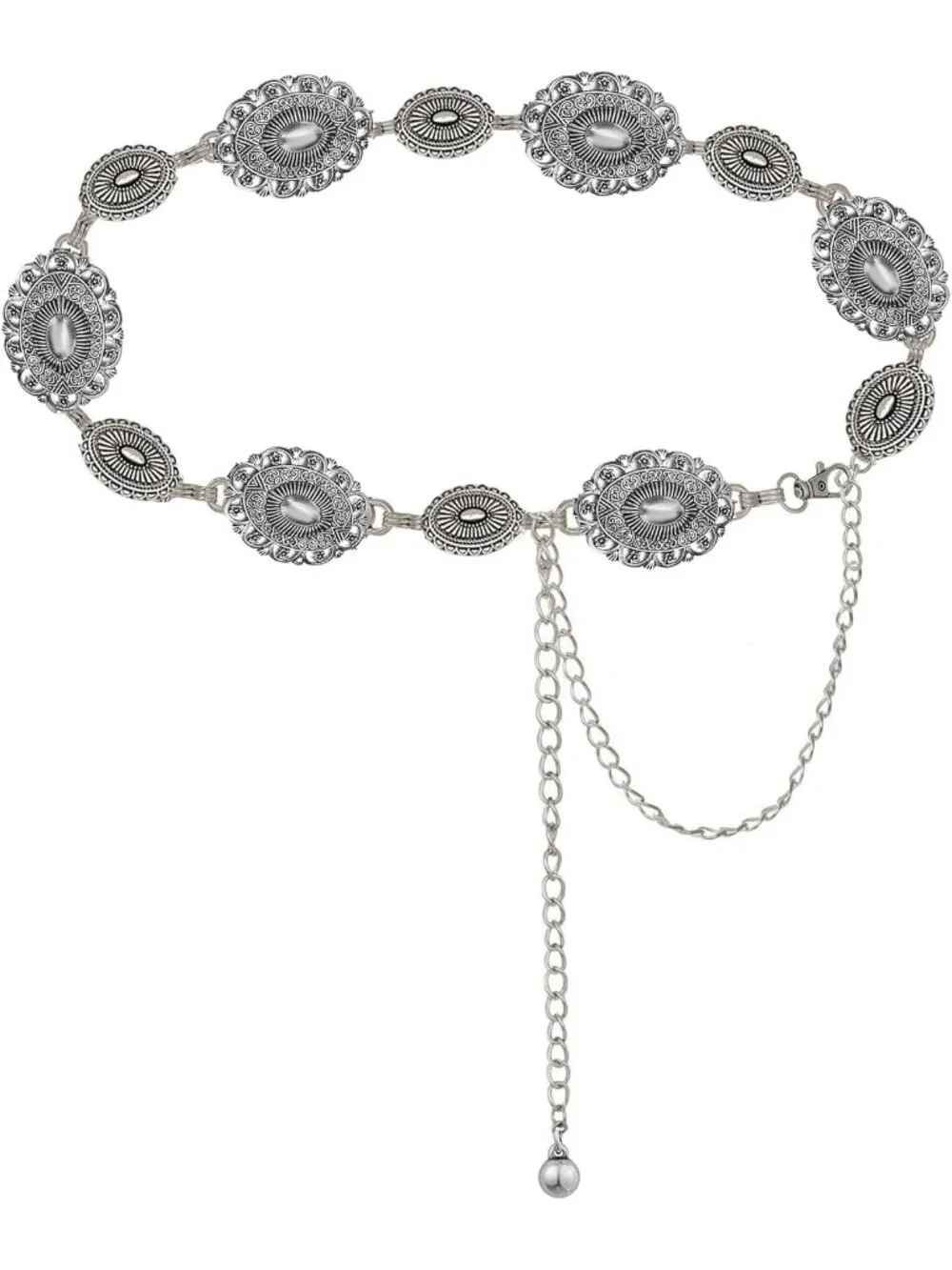 Women's Black Silver Metal Belt Concho Belt Cowgirl Boho Vintage Chain Belt